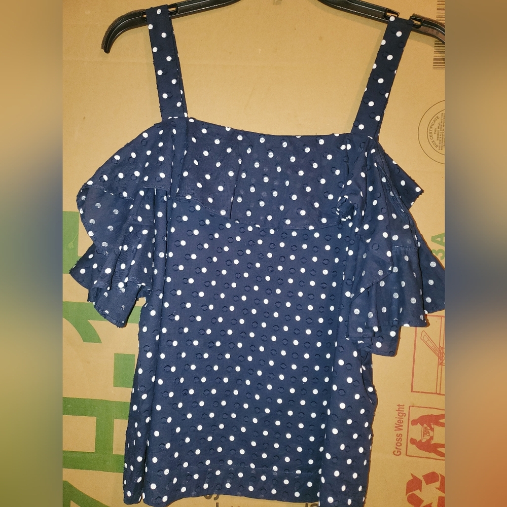 J. Crew Navy Cold-Shoulder Blouse with White Dots